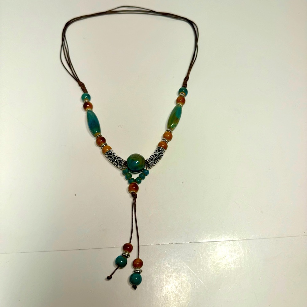 bohemian Y-Drop Necklace with ceramic beads stones and decorative metal